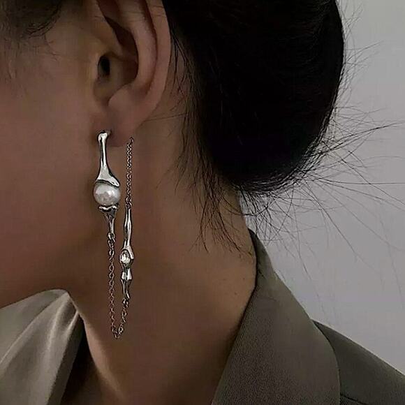 Pearl Long Drop Earring Women Asymmetric Fashion Design Jewelry Elegant Pearl - Picture 7 of 14